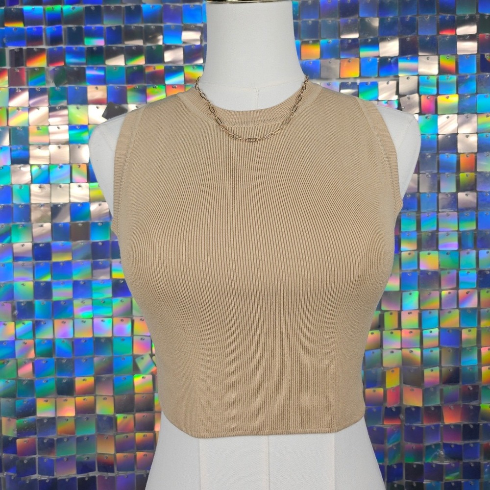 Zara Knit Sleeveless Crop Top Tan Ribbed Crew Neck Women's‎ Size S